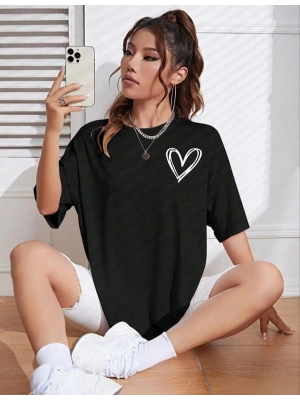 Kadın Tişört Bisiklet Yaka Baskılı Oversize T-Shirt - Siyah