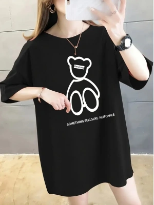 Kadın Tişört Penye Compack Baskılı Oversize Bisiklet Yaka T-shirt - Siyah