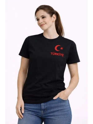 Kadın TÜRKİYE Ay Yıldız Baskılı Taraftar Forma T-Shirt - Siyah