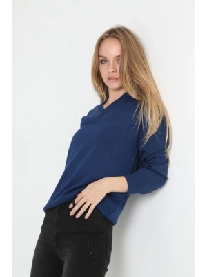 Kadın Uzun Kol V Yaka Triko Kazak - İndigo