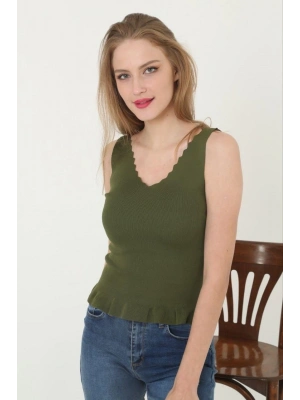 Kadın V Yaka Fırfır Detay Crop - Yeşil