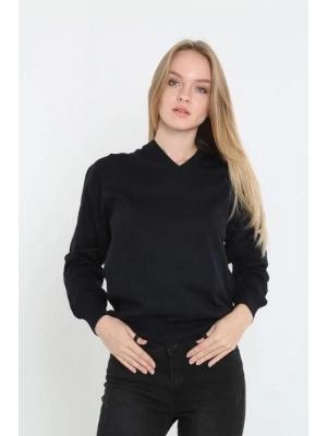 Kadın V Yaka Kazak Uzun Kol Düz Dokuma Triko - Siyah