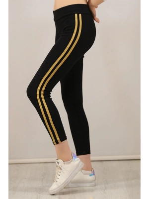 Kadın Yanı Sarı Şeritli Tayt - Siyah