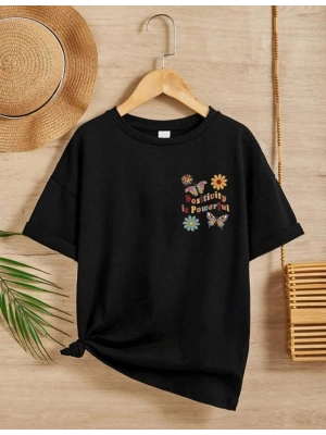 Kız Çocuk Bisiklet Yaka Baskılı T-Shirt - Siyah