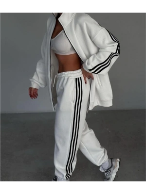 Şeritli Üç İplik Eşofman Takım - Beyaz