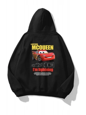 Sevgililer Günü Özel Kapüşonlu Araba Baskılı Oversize Sweatshirt - Siyah