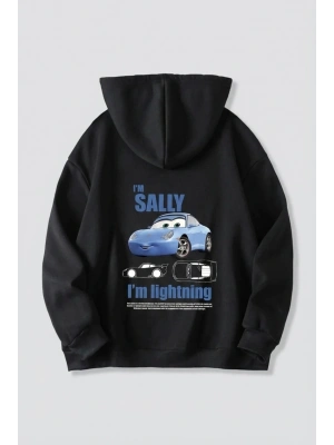 Sevgililer Günü Özel Kapüşonlu Araba Baskılı Oversize Sweatshirt - Siyah