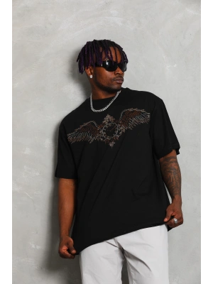 Toptan Oversize Taşlı Tişört - Kanatlı