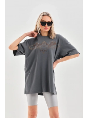 Toptan Oversize Taşlı Tişört - Kanatlı