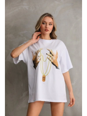 Toptan Oversize Tişört - Kolye Baskılı