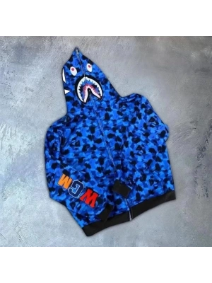Unisex 2 İplik Bape Kapüşonu Fermuarlı Hırka - Mavi