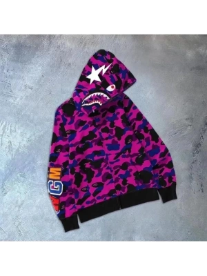 Unisex 2 İplik Bape Kapüşonu Fermuarlı Hırka - Mor