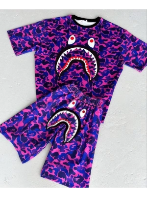 Unisex Çocuk Dijital Baskılı Şortlu Alt-Üst Takım - Mor
