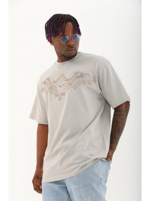 Toptan Oversize Taşlı Tişört - Kanatlı