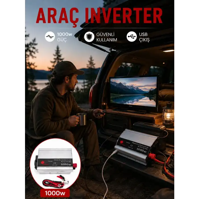 1000W Araç İnverter Aküden Elektrik Üreten Taşınabilir Güç Dönüştürücü