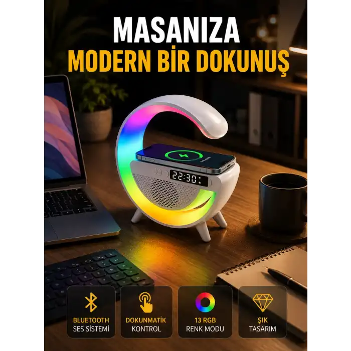 13 Renk Seçenekli Kablosuz Şarj Cihazlı LED Lamba