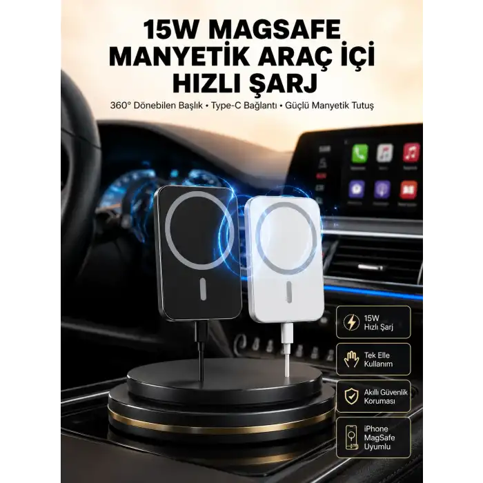 15W Kablosuz Şarj Destekli MagSafe Araç Tutucu Havalandırma Klipsli