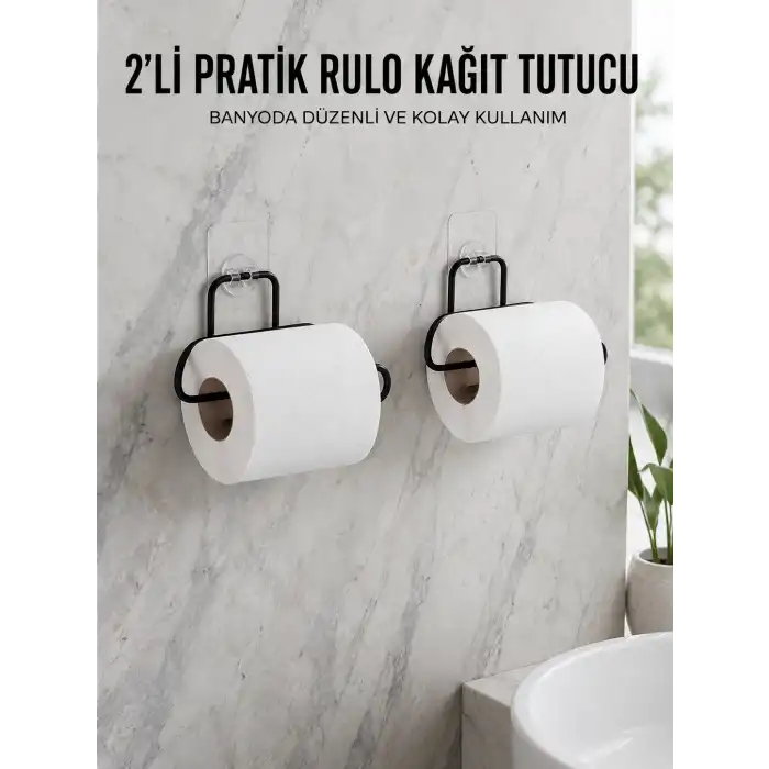 2 Adet Siyah Yapışkanlı Kağıtlık Duvar Tipi Tuvalet Kağıdı ve Rulo Tutucu