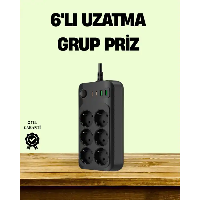 2500W Güçlü 6’lı Priz USB ve Type-C Çıkışlı Termal Korumalı