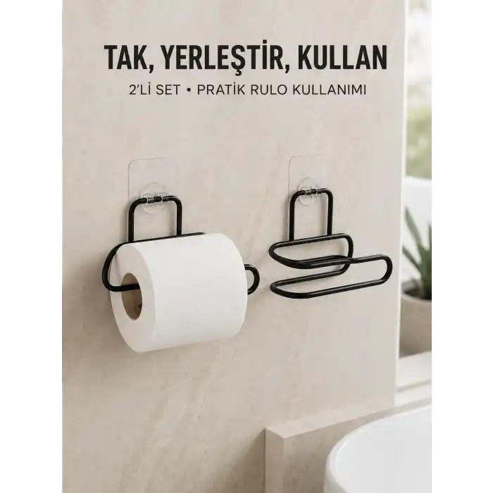 2’li Duvara Yapışkanlı Tuvalet Kağıtlığı Siyah Metal Pratik Rulo Tutucu