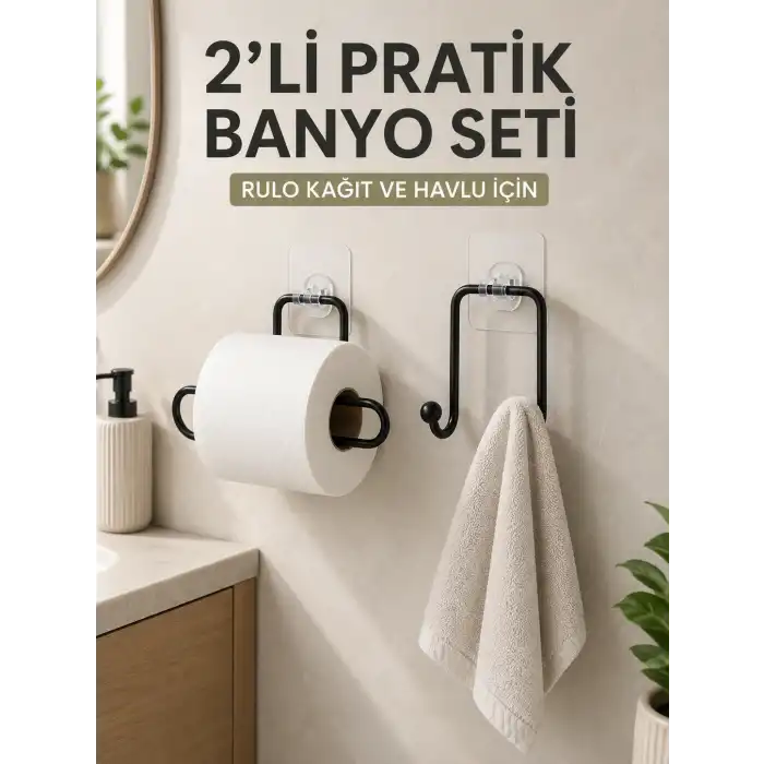 2’li Yapışkanlı Banyo Düzenleme Seti Rulo Kağıt Tutucu ve Havlu Askılığı