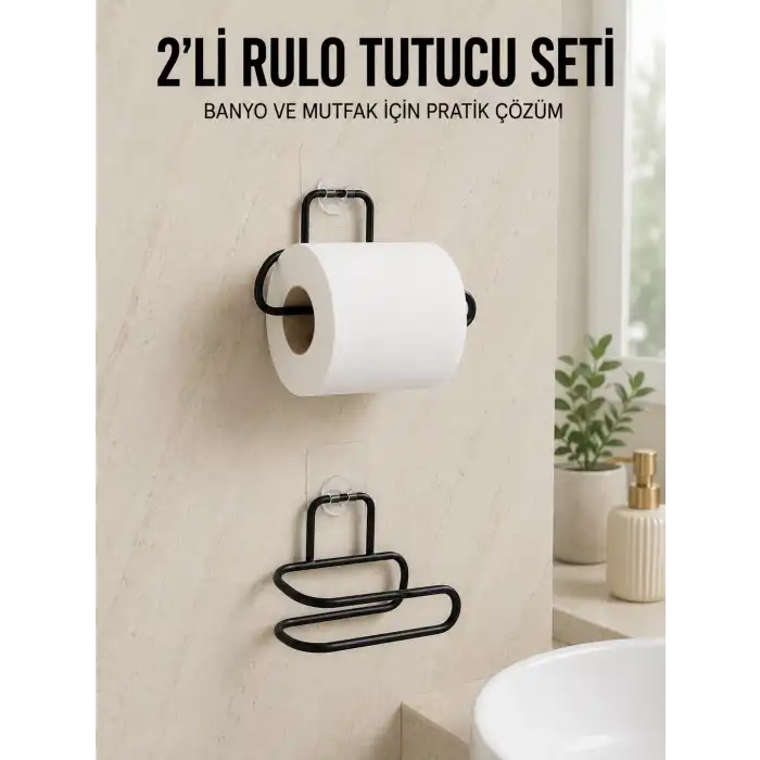 2’li Yapışkanlı Tuvalet Kağıdı Tutucu Siyah Metal Duvar Tipi Rulo Kağıtlık