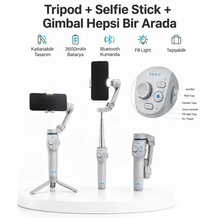 3 Eksen Telefon Gimbal Stabilizer Yapay Zeka Takipli Katlanabilir Dahili Dolgu Işıklı Video Sabitleyici