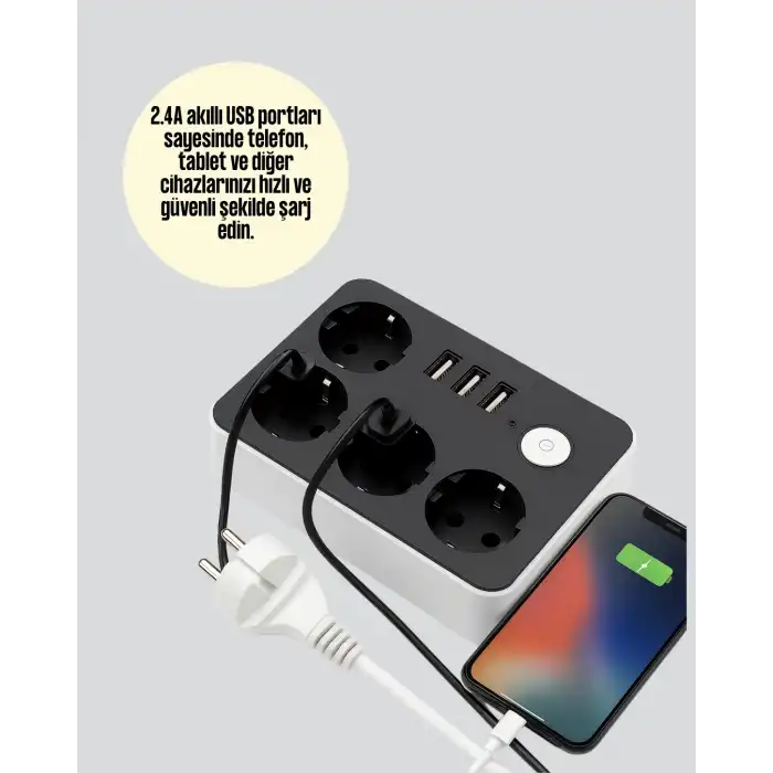 3 USB Çıkışlı 4’lü Akıllı Priz 2500W 2 Metre Kablo