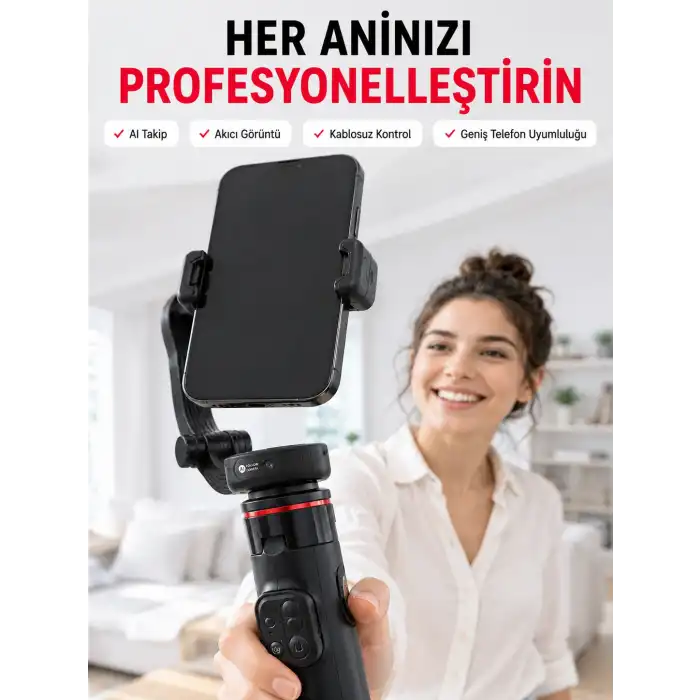 360° AI Akıllı Takipli Selfie Stick Gimbal Stabilizatör Bluetooth Kumandalı Uzayabilir Telefon Tripodu