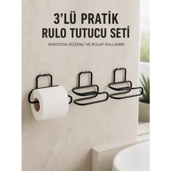 3’lü Yapışkanlı Tuvalet Kağıdı Tutucu Seti Siyah Duvar Tipi Rulo Kağıtlık