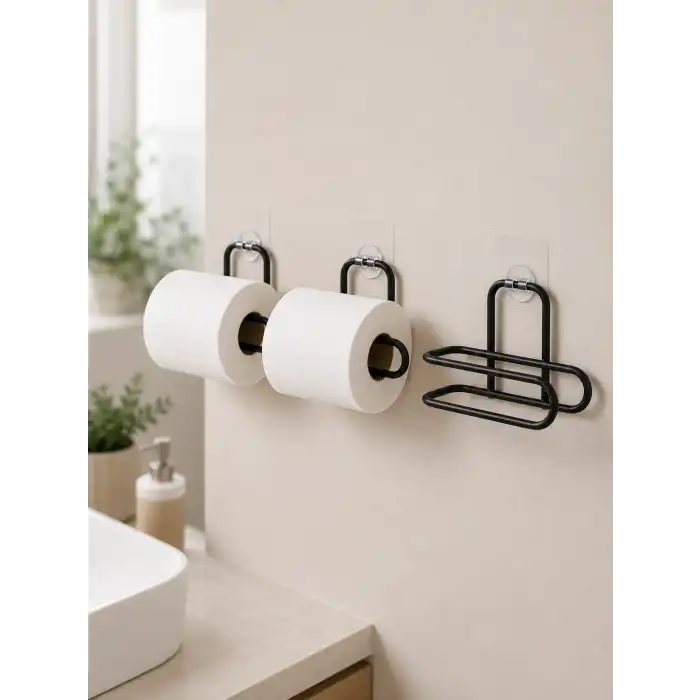 3’lü Yapışkanlı WC Kağıtlığı Siyah Rulo Tutucu Banyo ve Mutfak Kullanımı