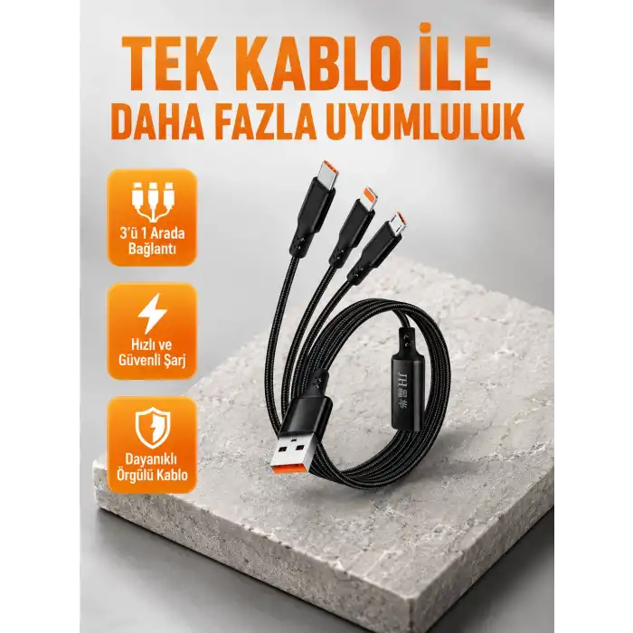 3’ü 1 Arada Şarj Kablosu Type-C iOS Android Uyumlu Hızlı ve Güvenli Şarj