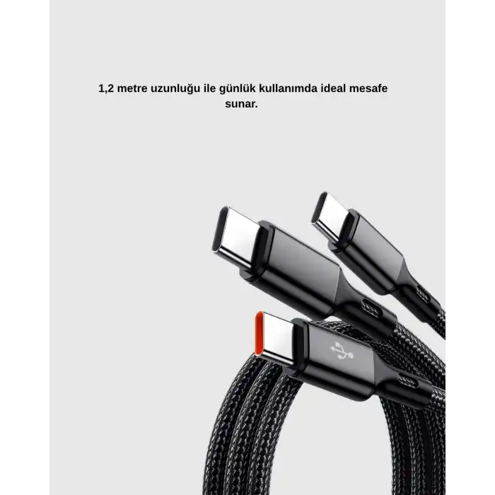 3’ü 1 Arada Şarj Kablosu Type-C iOS Android Uyumlu Hızlı ve Güvenli Şarj