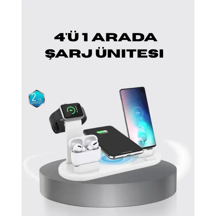 4’lü Kablosuz Şarj Standı iPhone Watch ve AirPods Çoklu Şarjlı