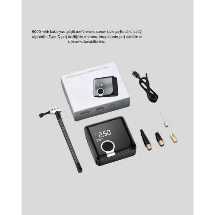 6000mAh Bataryalı Type-C Şarjlı Mini Hava Kompresörü LED Işıklı