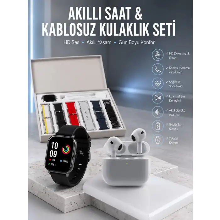 7 Kordonlu Akıllı Saat Ve 3.Nesil Kulaklık Dokunmatik Ekran Sesli Görüşme Yapabilen