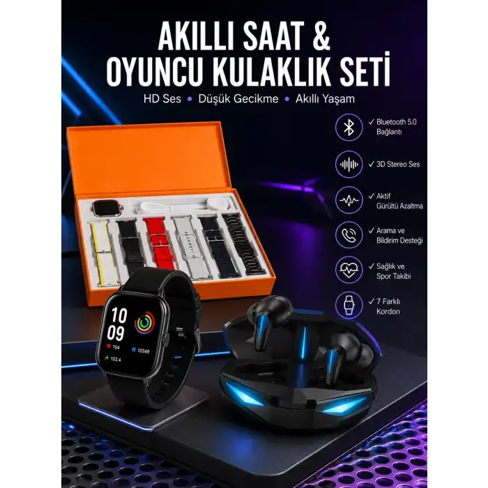 7 Kordonlu Akıllı Saat Ve Oyuncu Kulaklığı ANC Özelliği Kulak İçi Mikrofonlu Sesli Görüşme