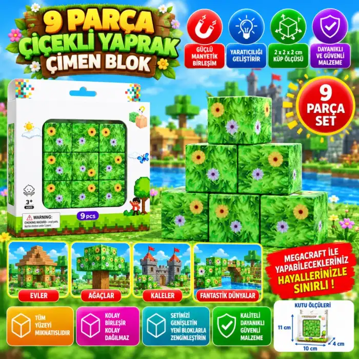 9 Parça Çiçekli Yaprak Çimen Blok