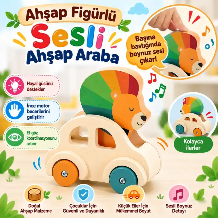 Ahşap Figürlü Sesli Ahşap Araba