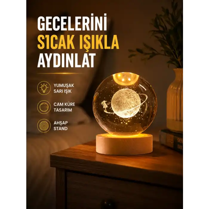 Ahşap Standlı Sarı Işıklı Dekoratif Küre Kız Figürü Tasarım