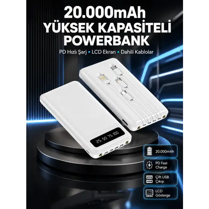 Akıllı LCD Ekranlı 20.000mAh Powerbank PD + USB + Type-C Yeni Nesil