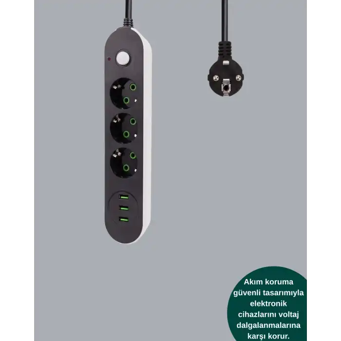 Akım Korumalı Anahtarlı USB Girişli Üçlü Priz
