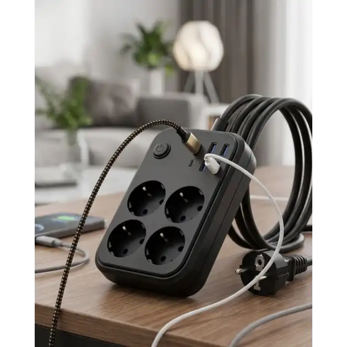 Akım Korumalı Çoklu Priz 4 USB 2 Type C 4 Priz Güvenli ve Hızlı Şarj