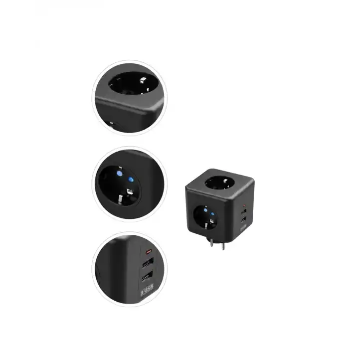Akım ve Voltaj Korumalı Küp Priz 3 USB Destekli