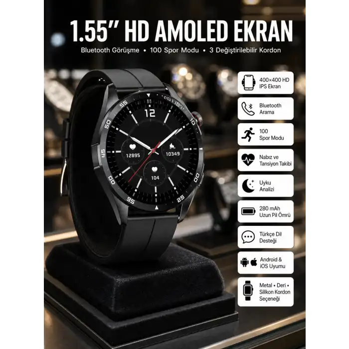 Amoled Ekran 3 Kordonlu Akıllı Saat 5.0 Bluetooth Bağlantılı Android ve İOS Uyumlu
