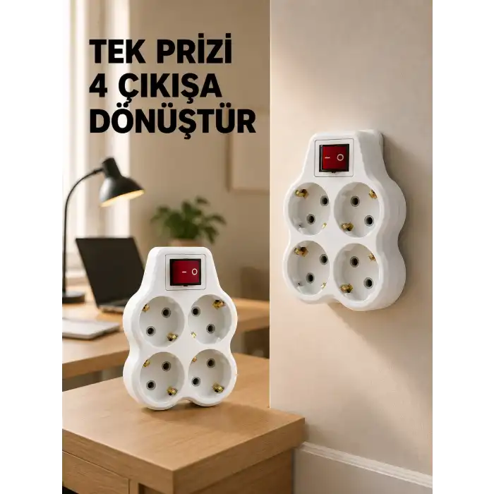 Anahtarlı 4’lü Priz Adaptörü Direkt Duvar Prizine Takılan Priz Çoklayıcı 2’li Set