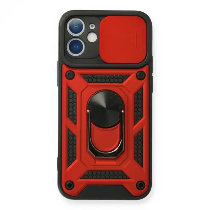 Apple İphone 12 Kılıf Pars Lens Yüzüklü Silikon - Kırmızı