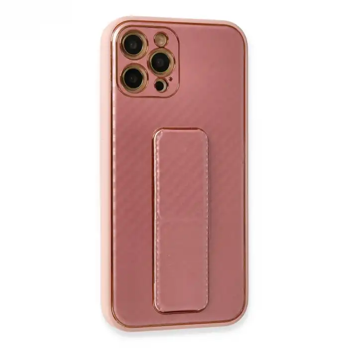 Apple İphone 12 Pro Kılıf Coco Karbon Standlı Kapak - Pembe