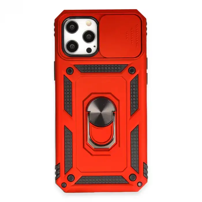 Apple İphone 12 Pro Max Kılıf Pars Lens Yüzüklü Silikon - Kırmızı