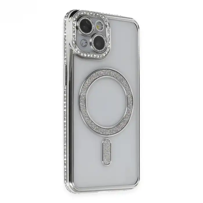 Apple İphone 13 Kılıf Joke Simli Magneticsafe Kılıf - Gümüş